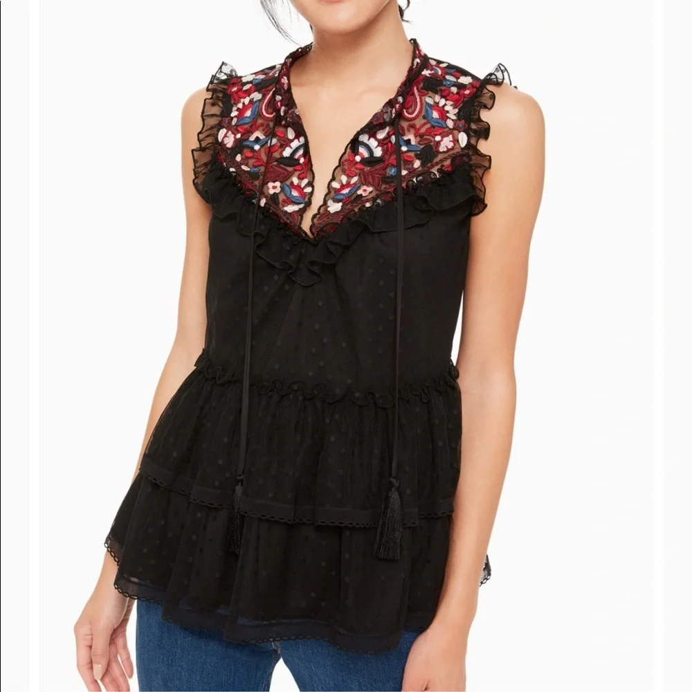Kate Spade Camelia Embroidered Peplum Ruffle Top-Large
